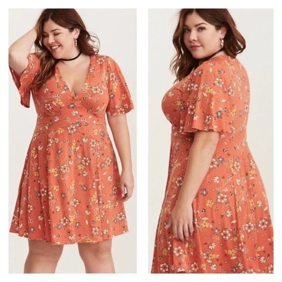 Torrid Orange V-Neck Floral Skater Dress Flutter Sleeve 24285 Size 2 - Picture 9 of 9
